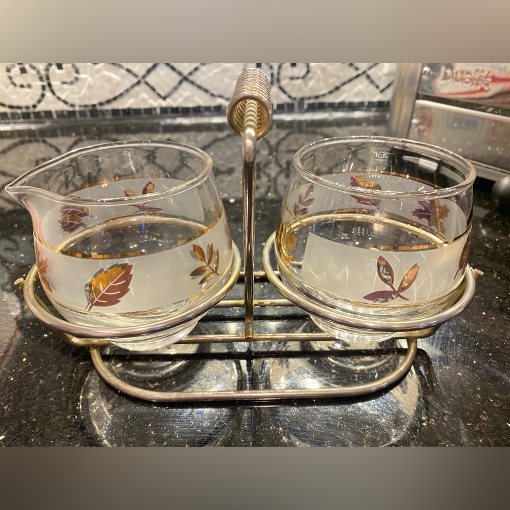 Sugar and Creamer set with tray. Libbey gold frosted leaf glass